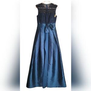 Kay Unger Blue Lace Jacquard Skirt Overlay Walk-Thru Jumpsuit Formal Gown Size 6